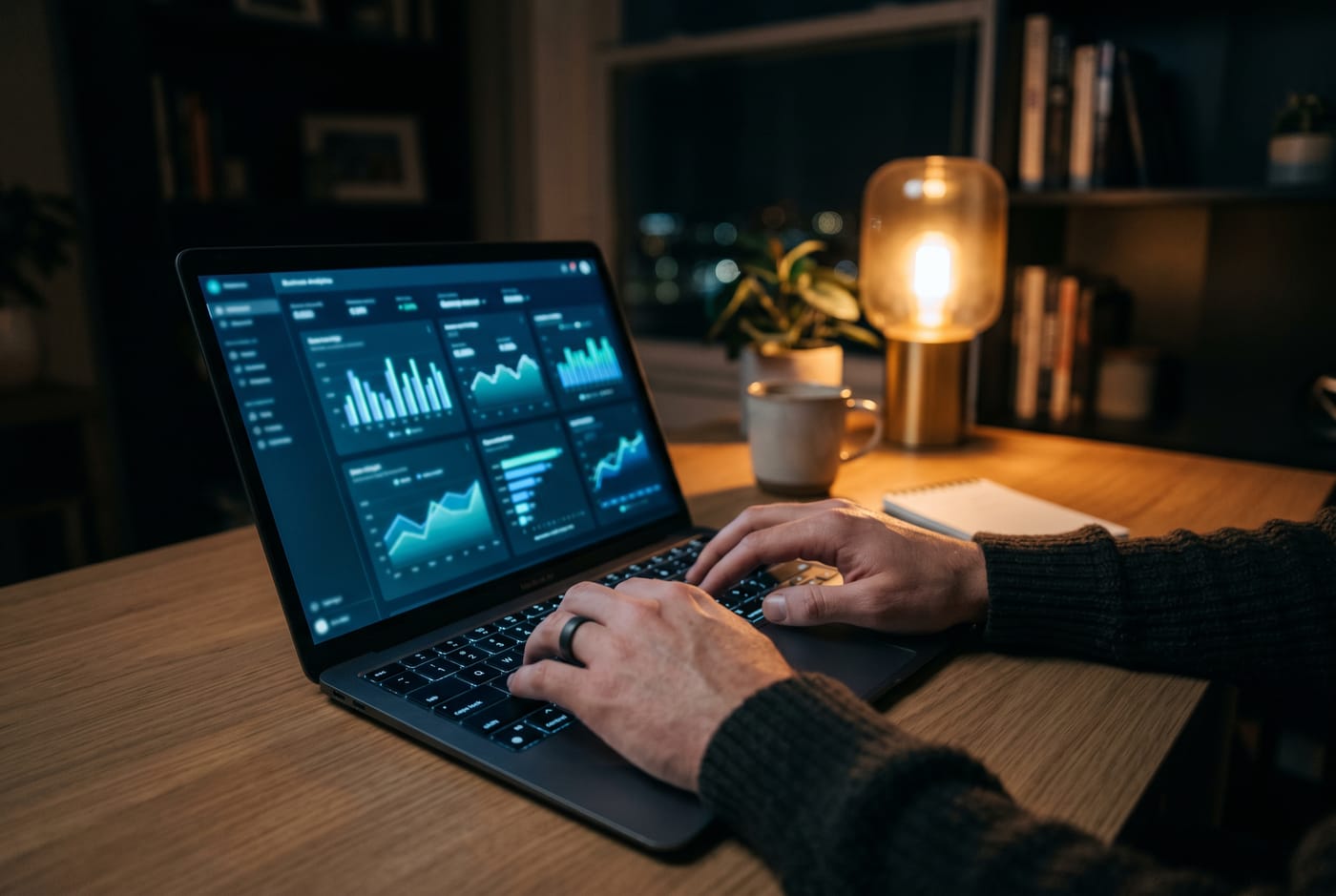 A small business owner working at a laptop lit by a soft blue dashboard glow