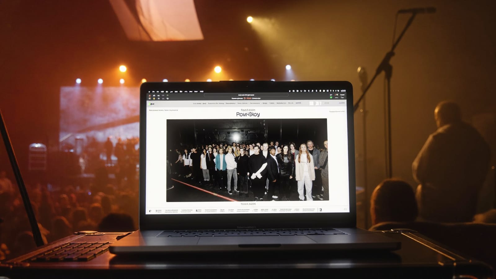 An open laptop on a backstage road case glowing with a band website, stage lights blurred behind