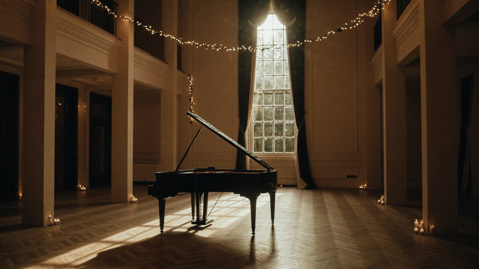 A grand piano in an elegant ballroom with string lights and an empty dance floor