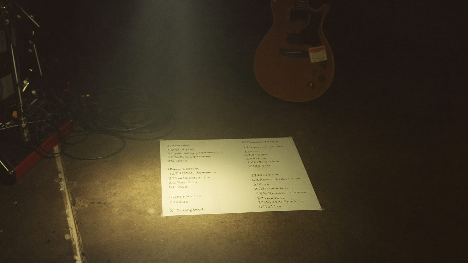A printed setlist taped to a dark stage floor beside guitar pedals under a single spotlight