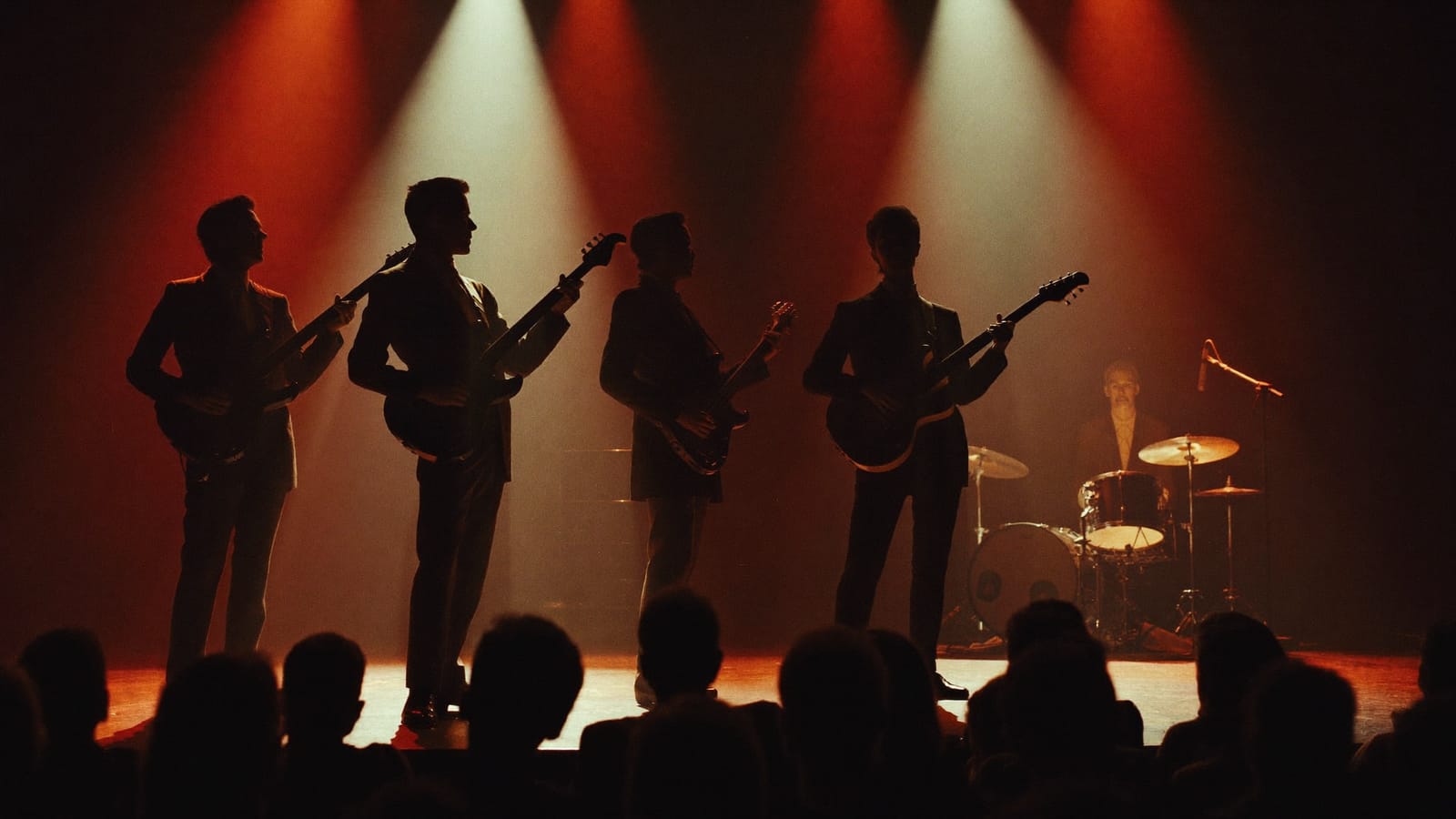 Silhouettes of a four-piece band in sixties suits backlit in amber and red stage light