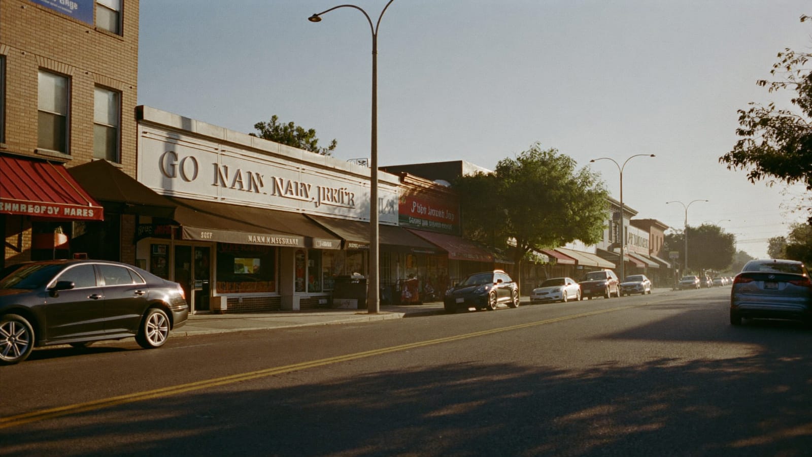 A small-town New Jersey main street at golden hour with brick storefronts