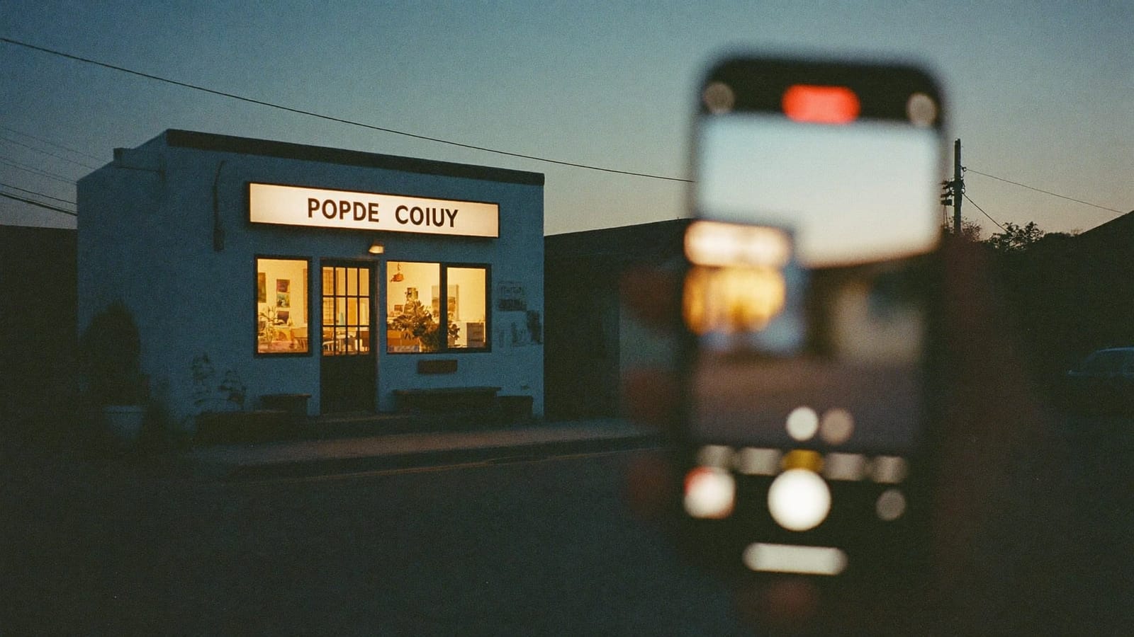 A small storefront at blue hour with a glowing smartphone held in the foreground