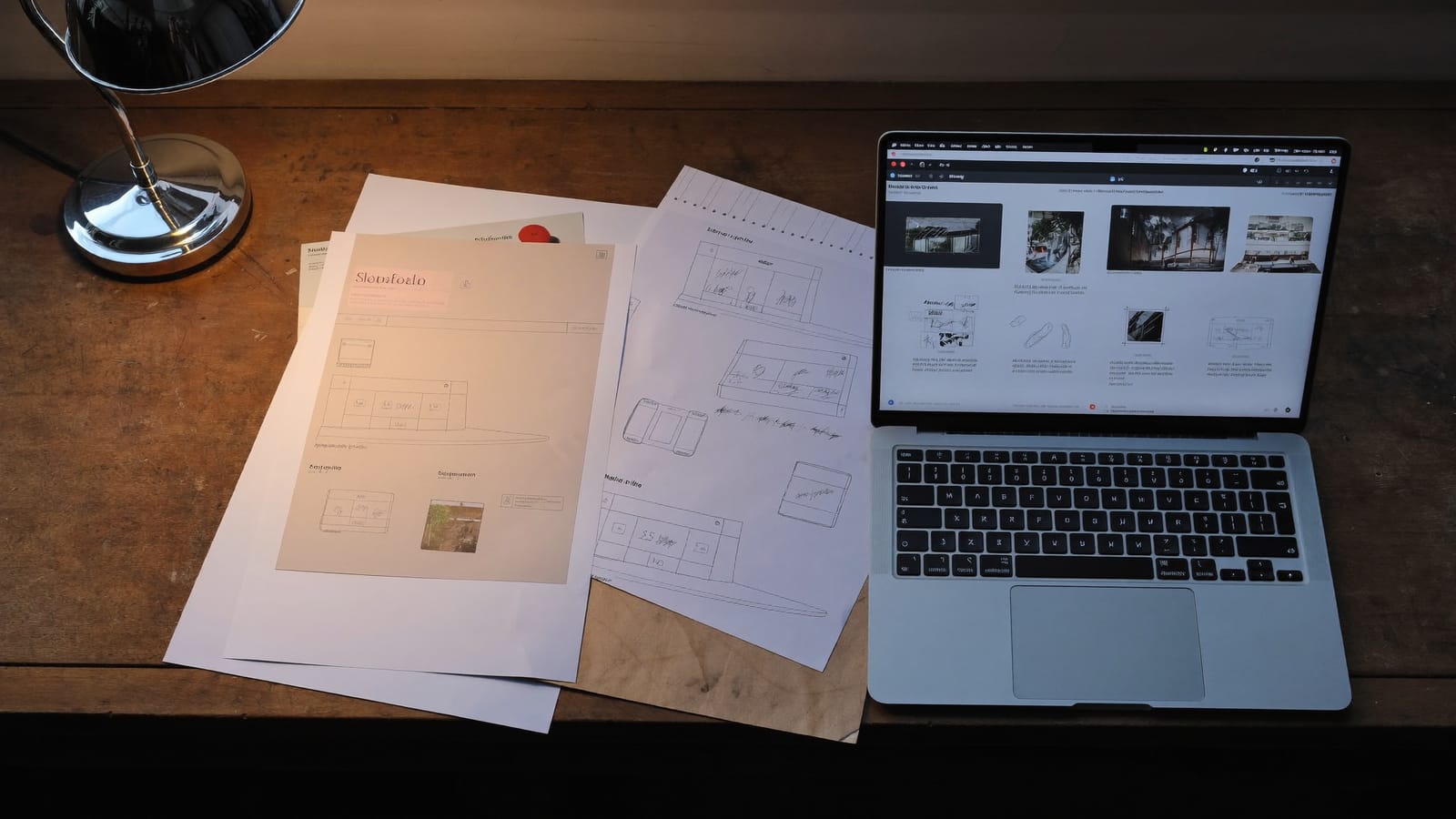 A workbench covered in website design sketches beside an open laptop under a warm desk lamp