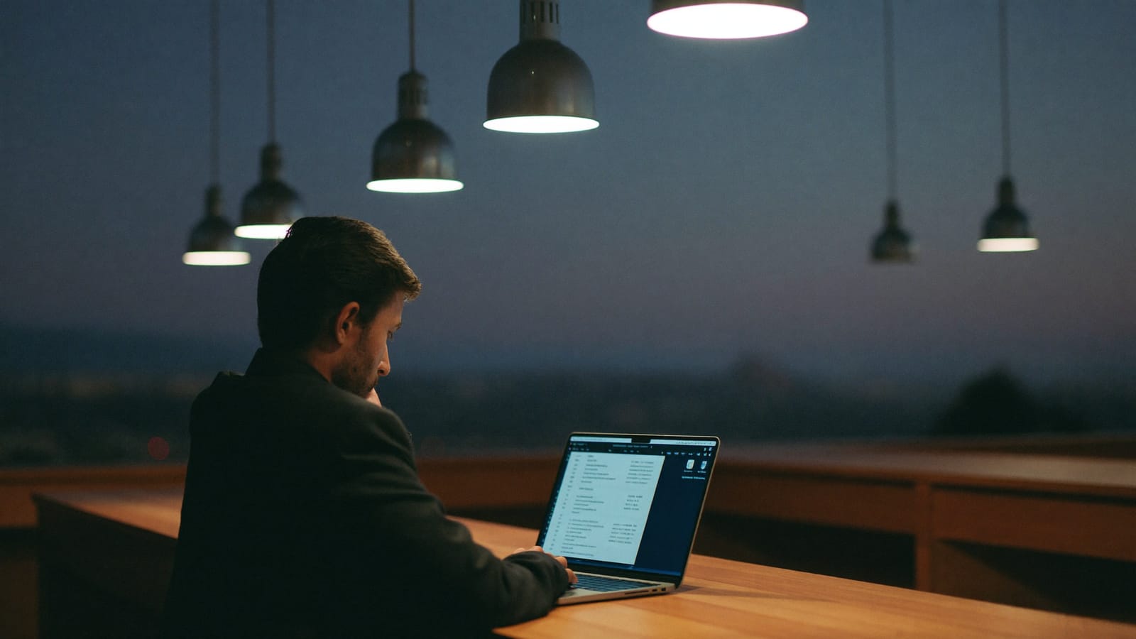 A small business owner at a wooden shop counter at dusk reviewing a laptop