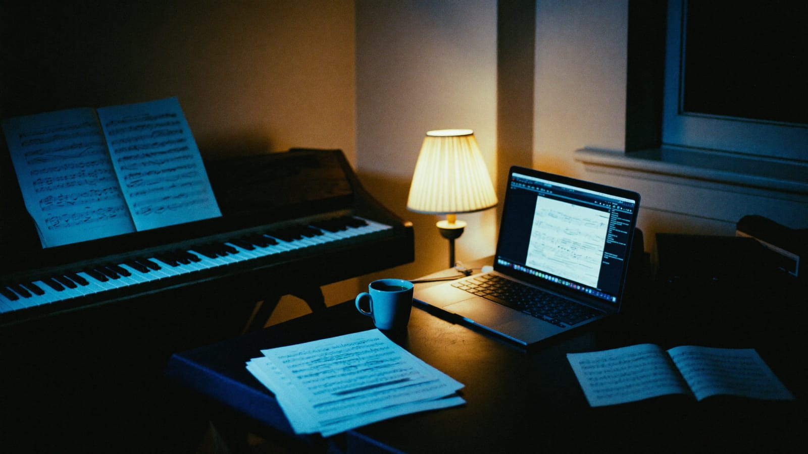A musician's desk at night with a piano keyboard beside a laptop, amber lamp and blue screen glow mixing